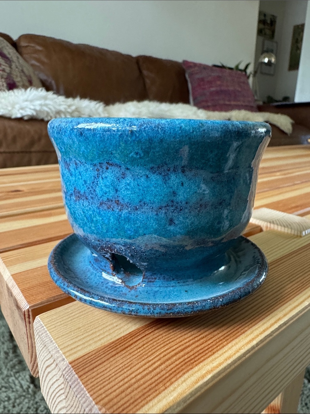 Handcrafted Blue Ceramic Planter with Saucer